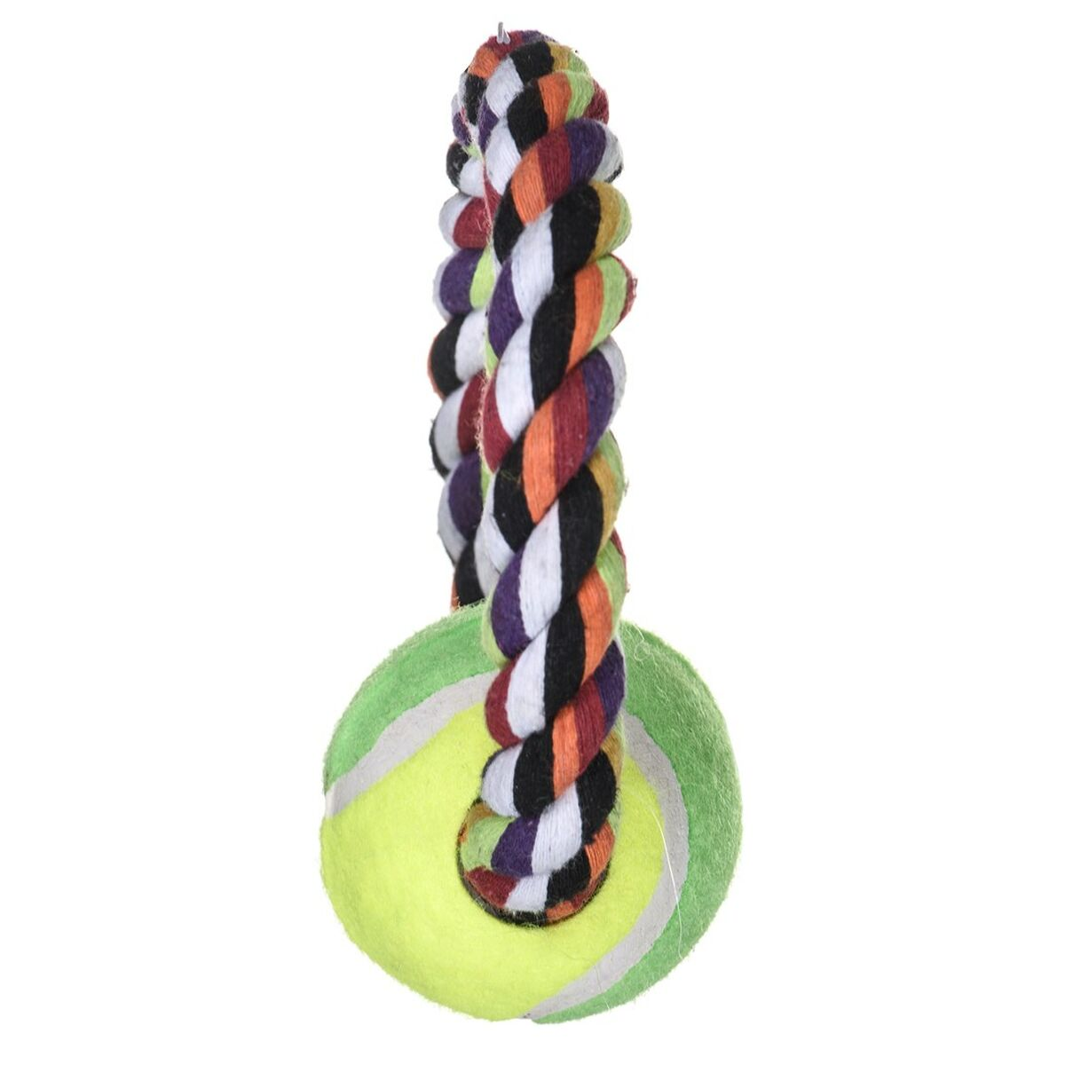 Tennisball-Spielzeug mit buntem Seilgriff. Der Ball ist gelb und grün.