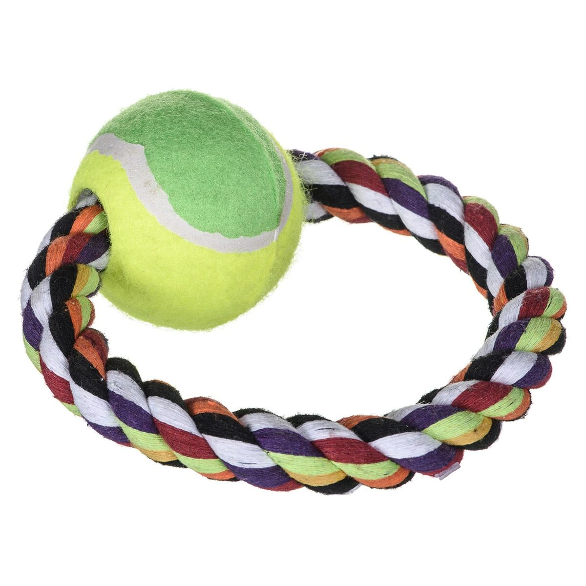 Hundespielzeug: gelber Tennisball an einem Seilring mit mehrfarbigen Seilen.