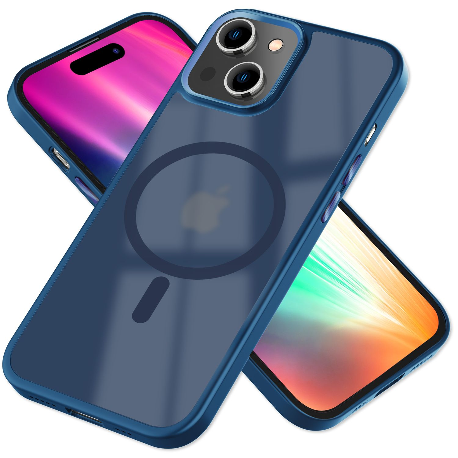 Zwei blaue Handyhüllen, eine mit einem Apple-Logo und ein Telefon darin. Die Hüllen haben eine klare Rückseite.