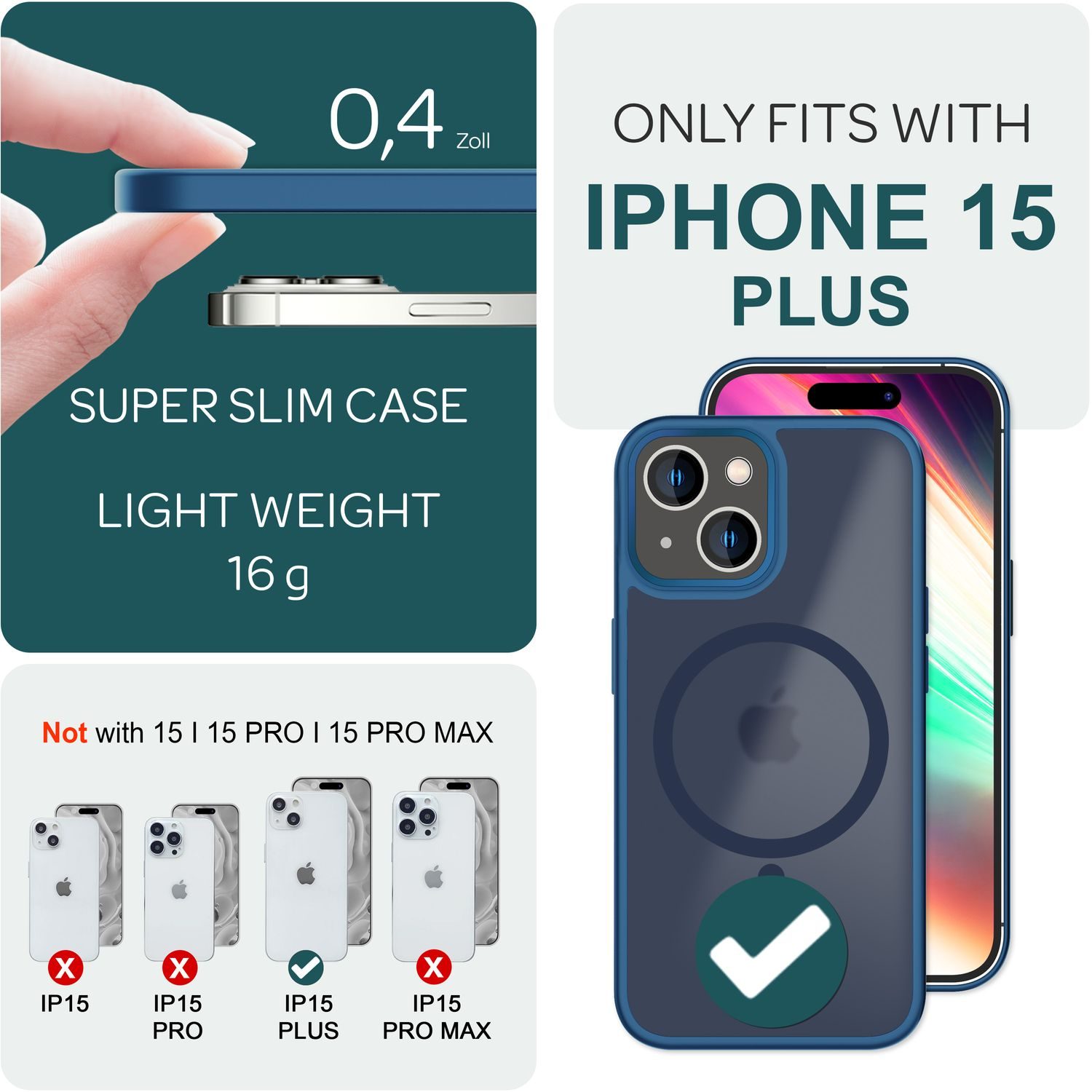 iPhone 15 Plus Hülle mit blauem Rand. Der Text besagt, dass sie nur für iPhone 15 Plus passt.