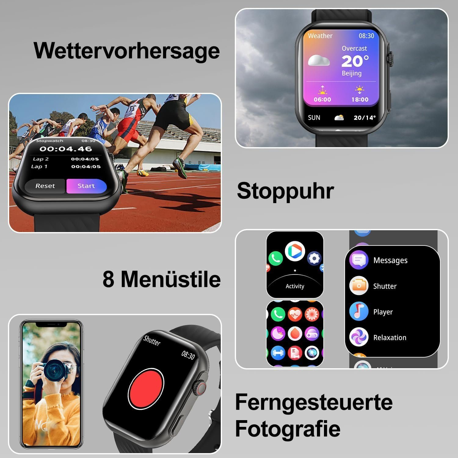 ULTIMEA Fitnessuhr Sportuhr Smartwatch Schwarz Legierung Silikon, 1x Armbänd