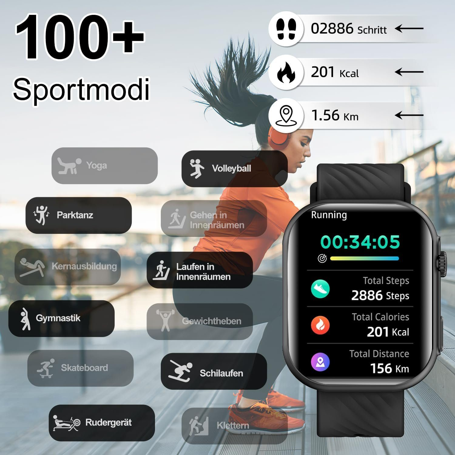 ULTIMEA Fitnessuhr Sportuhr Smartwatch Schwarz Legierung Silikon, 1x Armbänd
