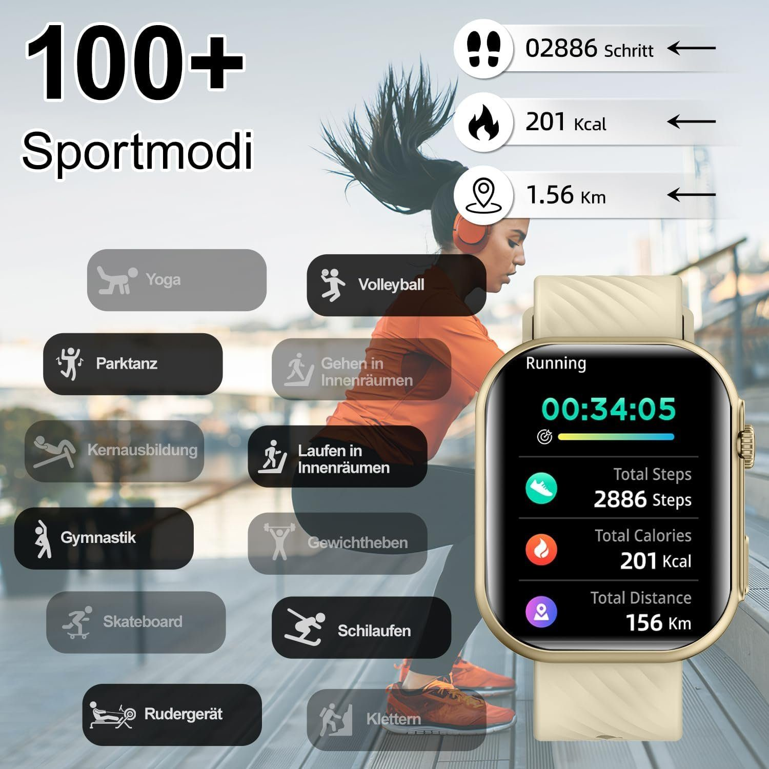 Smartwatch Sportuhr Beige Legierung Armbänd Fitnessuhr Silikon, ULTIMEA 1x