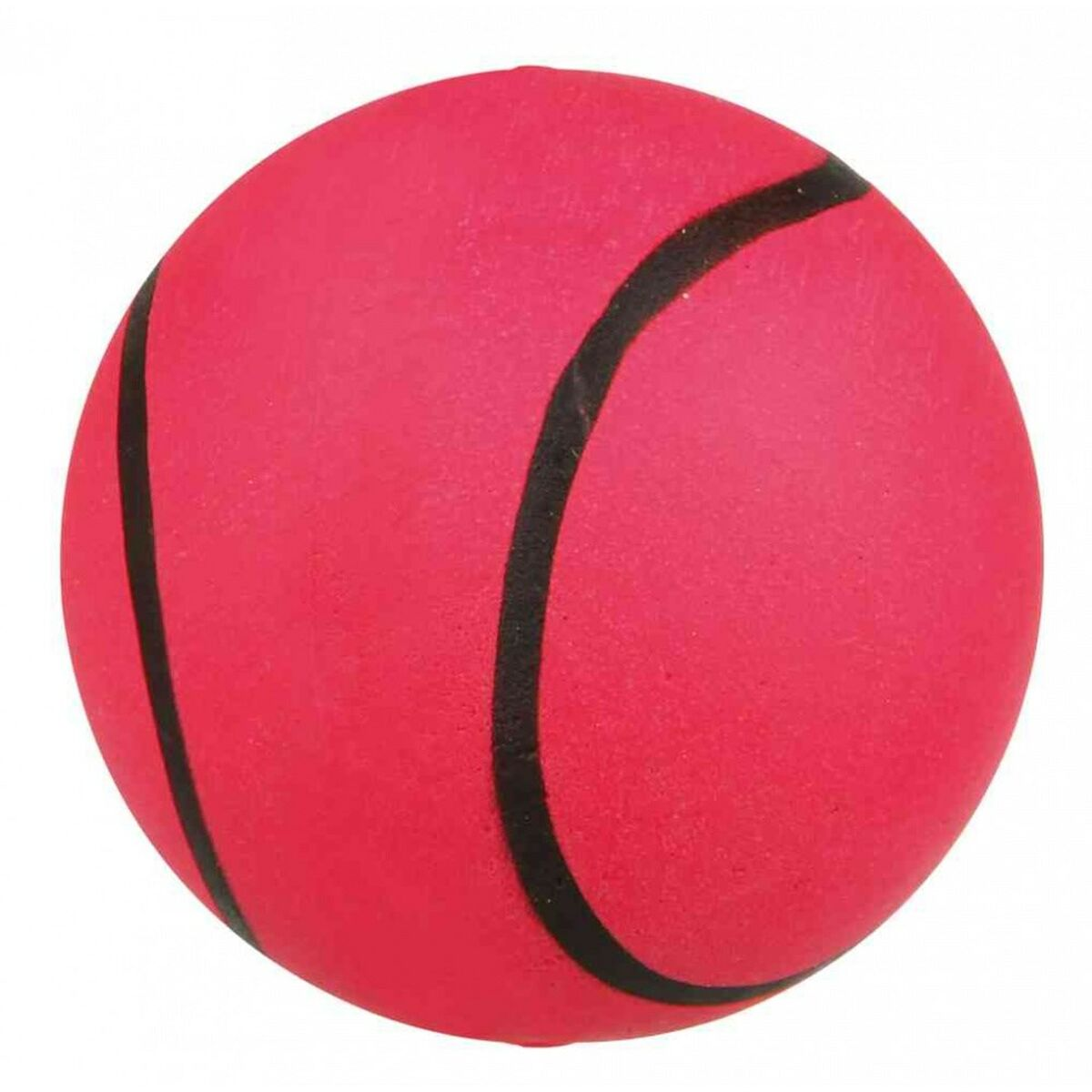 Una pelota de goma roja con una franja negra. La pelota está diseñada para que jueguen las mascotas.