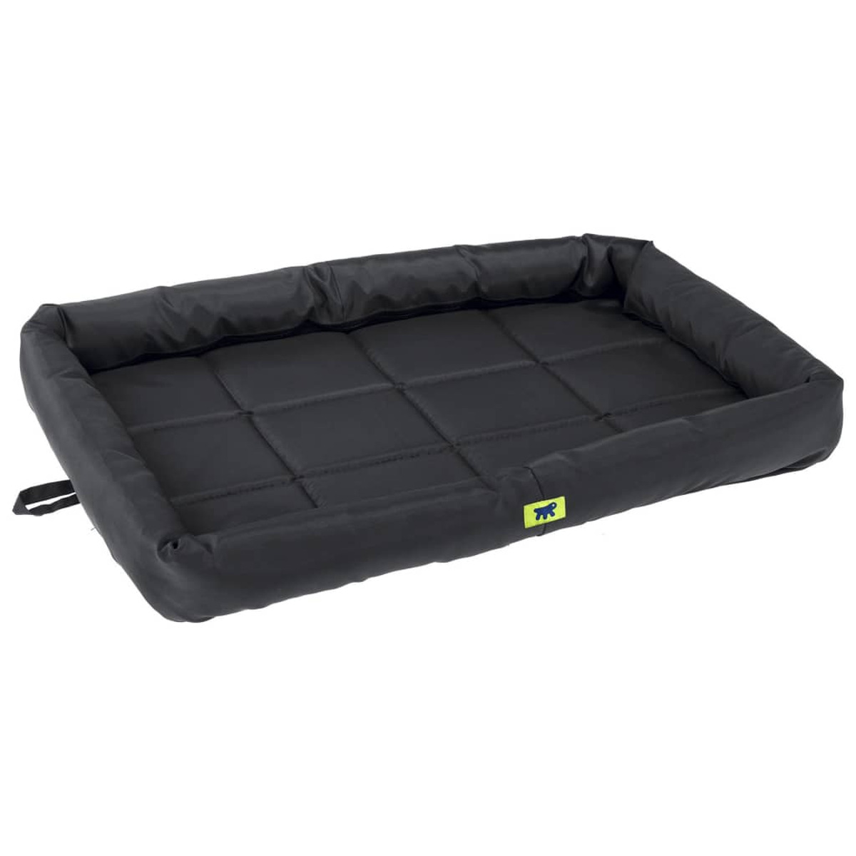 Cuccia rettangolare nera per cani. Superficie trapuntata, con un piccolo anello nero.