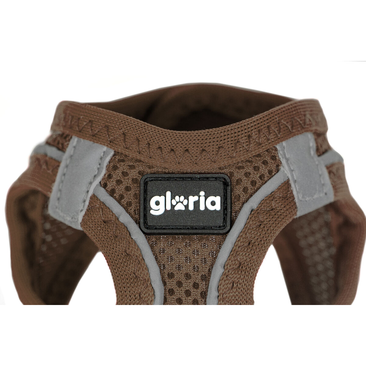 Brauner Hunde-Geschirr mit reflektierenden Streifen und einem Logo-Patch. Mesh-Gewebe.