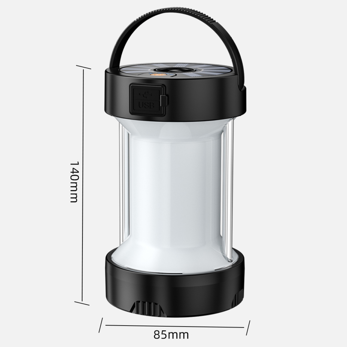 Schwarz-weiße Laterne mit Griff, Maße 140mm x 85mm, USB-Anschluss sichtbar.