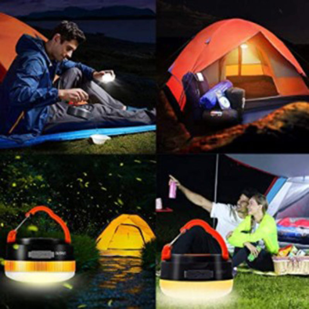 Collage von Camping-Szenen bei Nacht mit Zelten und Laternen, die Licht spenden.