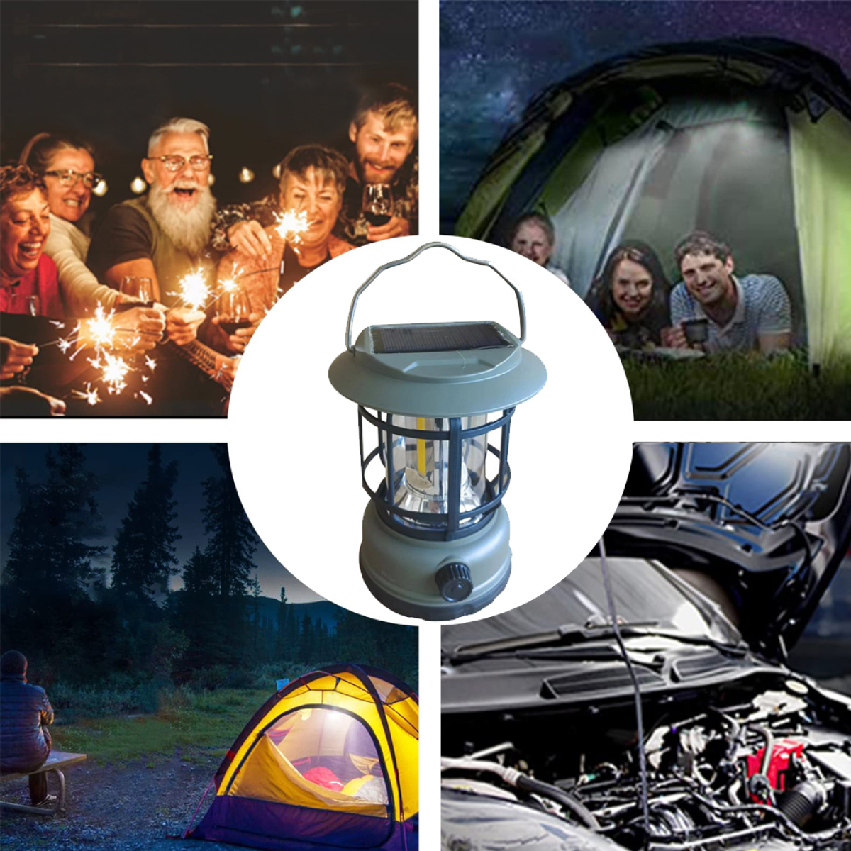 Solarbetriebene Laterne, umgeben von Bildern von Menschen auf einer Party, beim Camping.