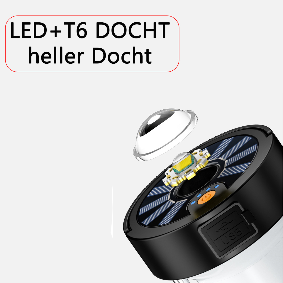 Nahaufnahme einer solarbetriebenen LED-Taschenlampe mit Text und Komponenten.