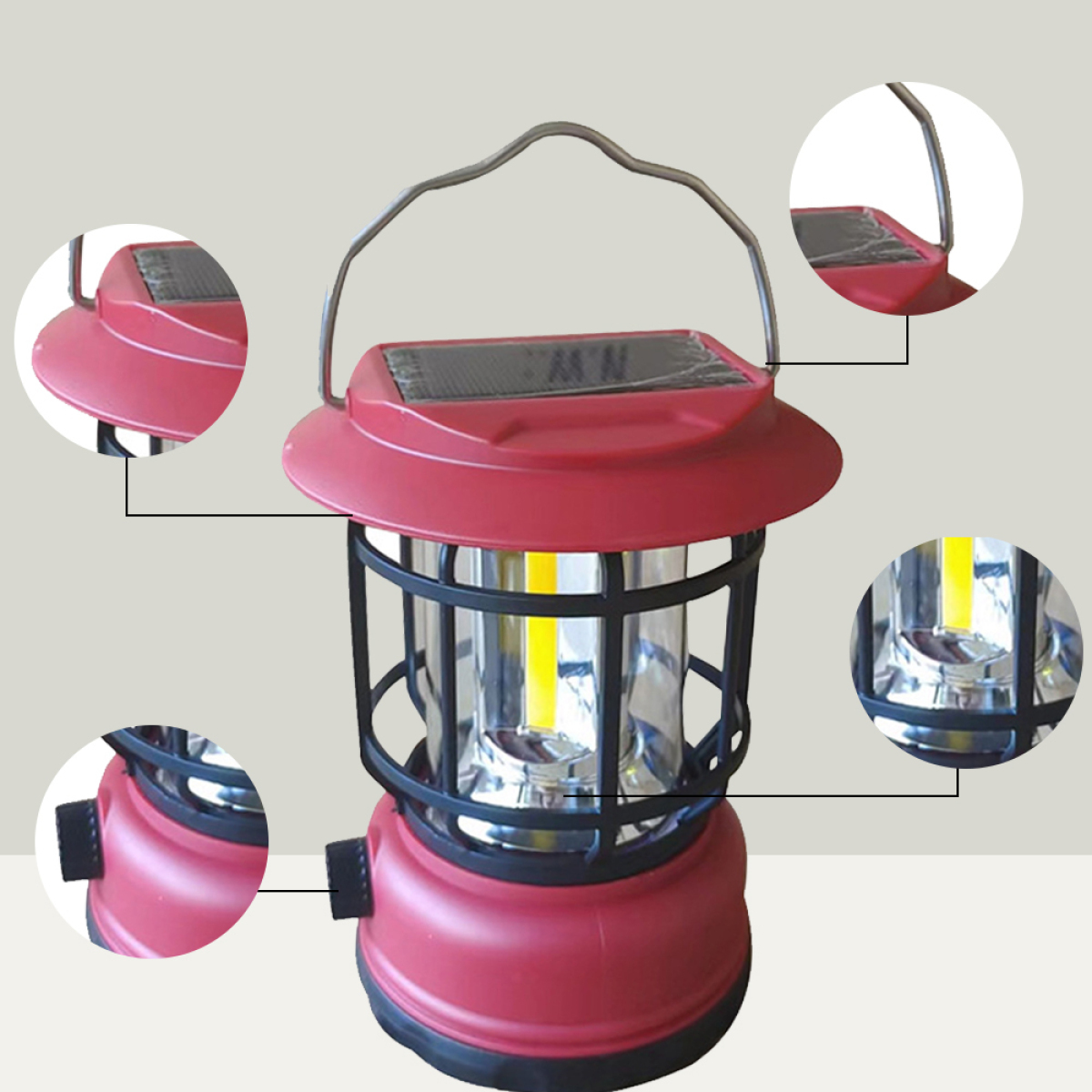 Eine rote Campinglaterne mit Griff, Solarpanel und transparentem Glas.