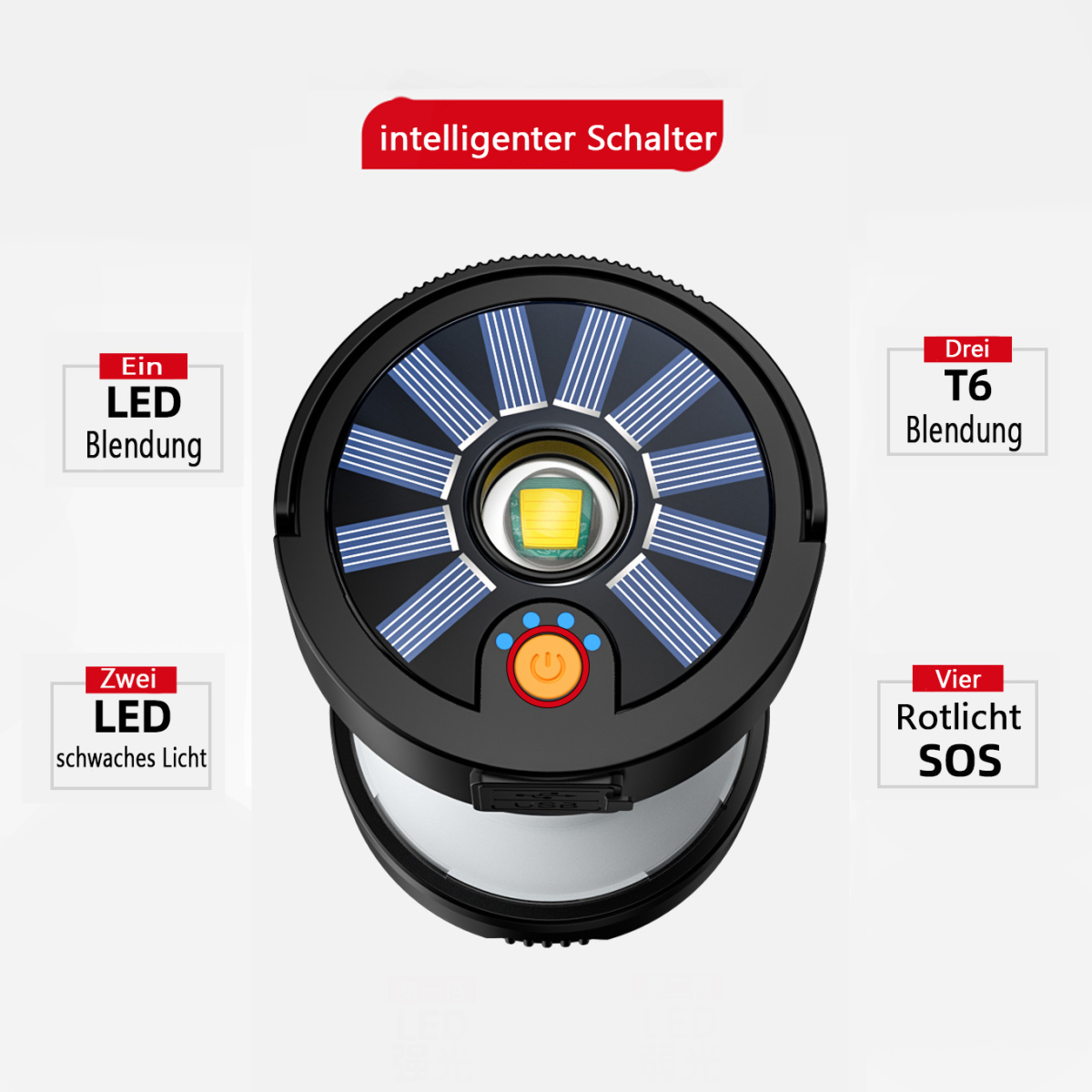 Eine schwarze Solarleuchte mit mehreren LEDs und einem Knopf, mit deutschem Text darum.