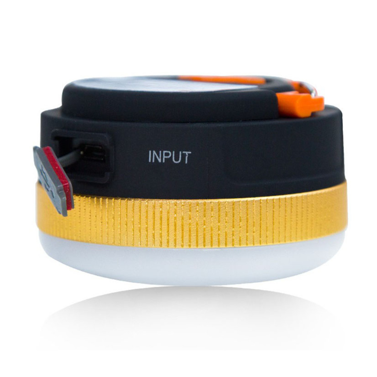 Schwarze und goldene tragbare LED-Leuchte mit USB-Anschluss, weißer Basis und orangefarbenen Akzenten.