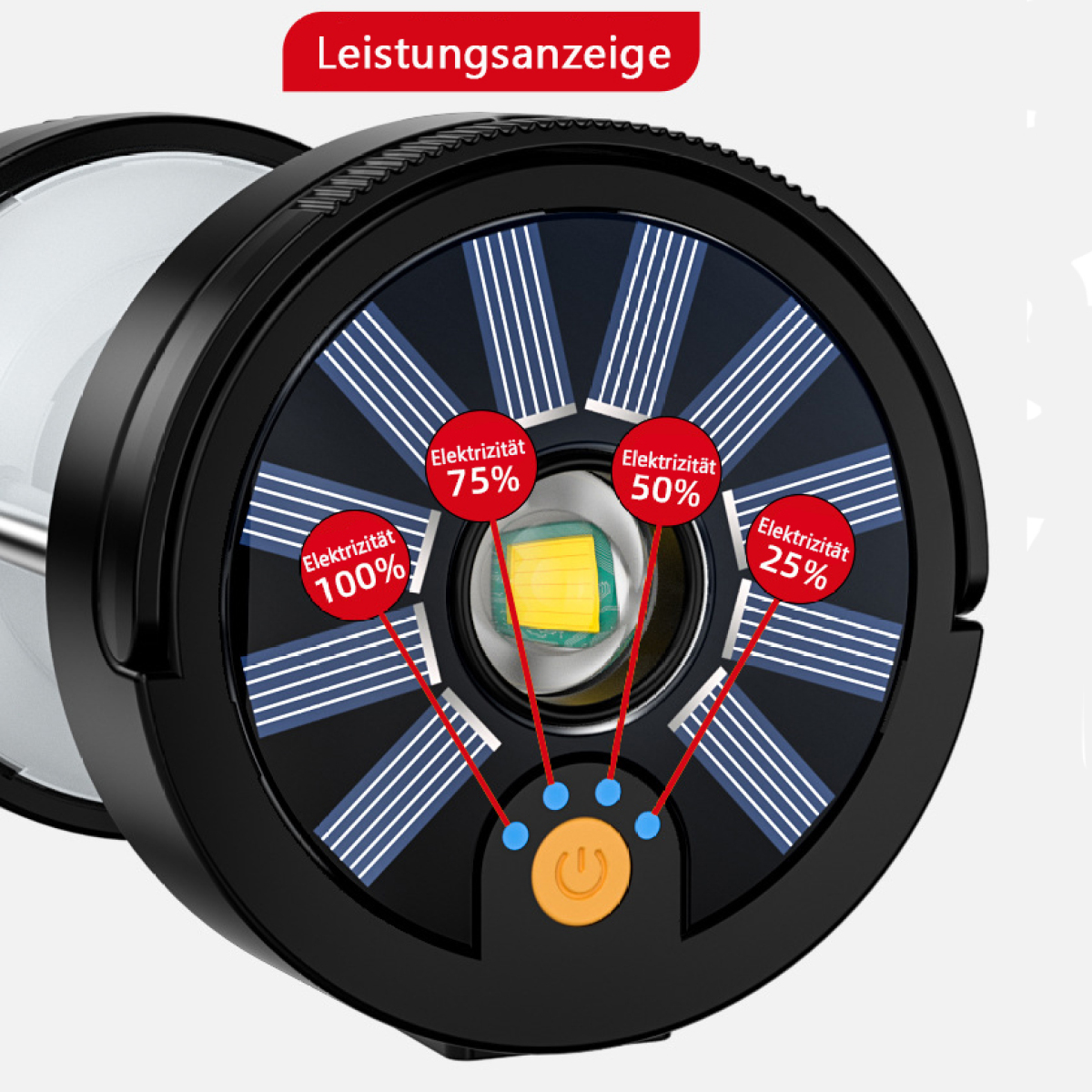 Nahaufnahme einer schwarzen Solar-Laterne, die die Akkulaufzeit und eine Ein-/Aus-Taste zeigt.