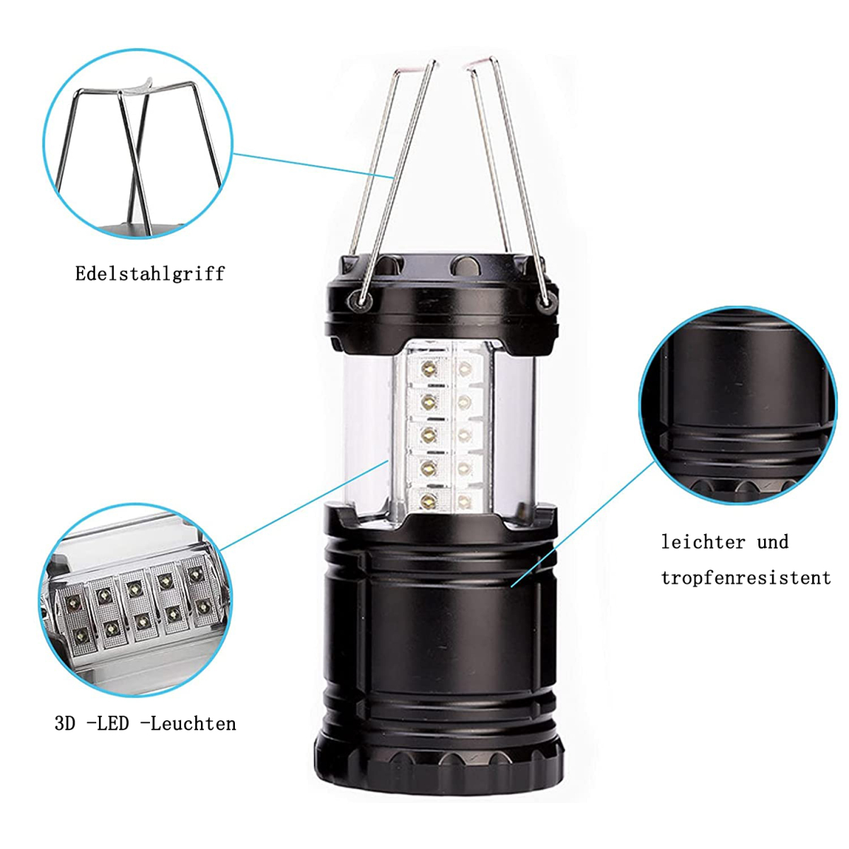 Schwarze Solar-Laterne mit LED-Leuchten, Edelstahlgriff, weißer Hintergrund.