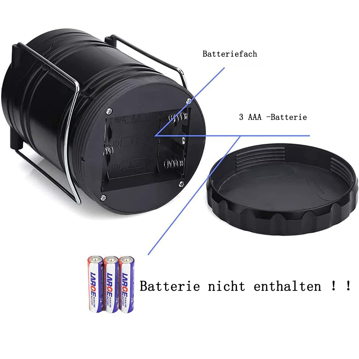 Eine schwarze Laterne mit Batteriefach und drei Batterien, zusammen mit Text auf Deutsch.