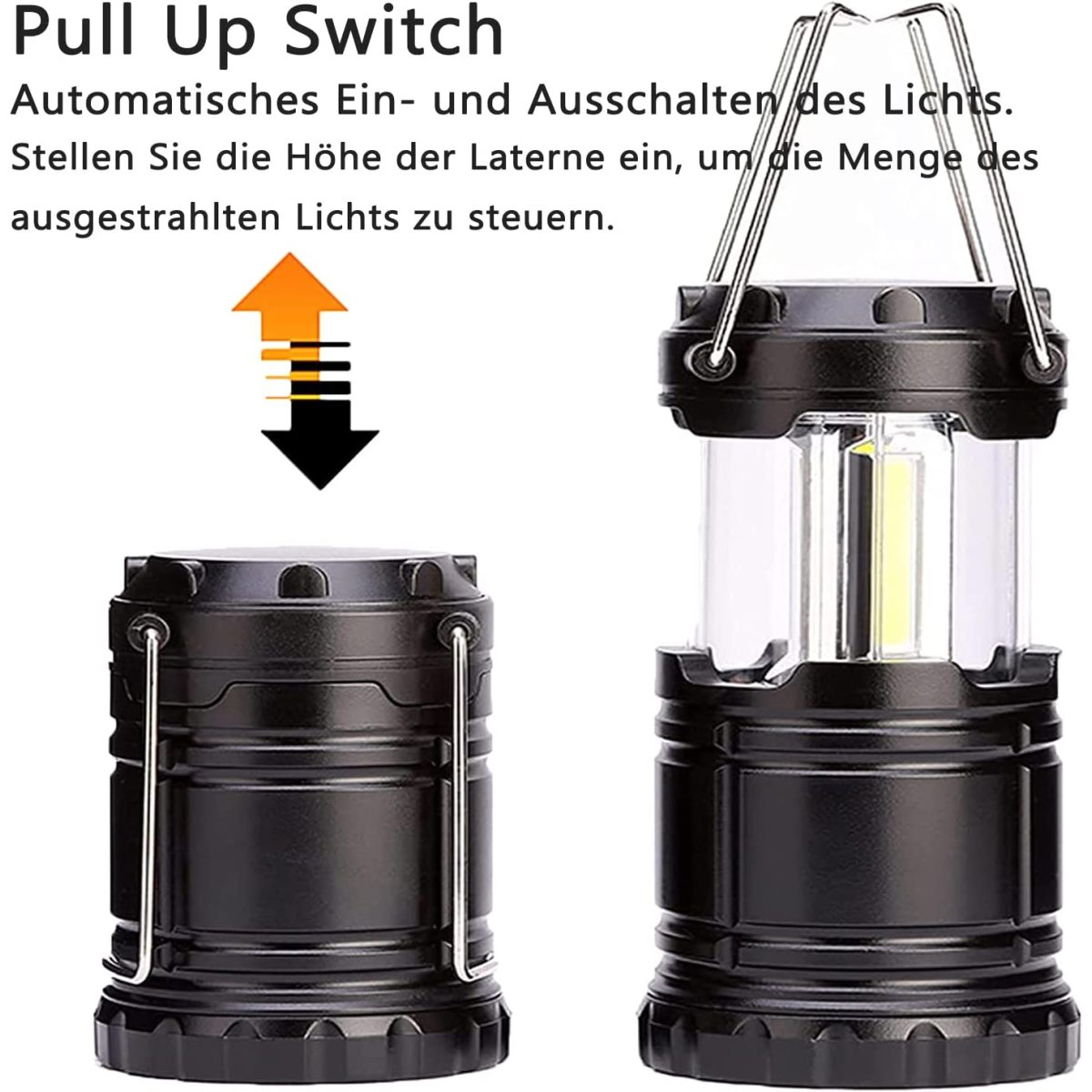 Schwarze Laterne mit Aufzugschalter, die die Ein/Aus-Aktion zeigt. Die Laterne befindet sich im offenen Zustand.
