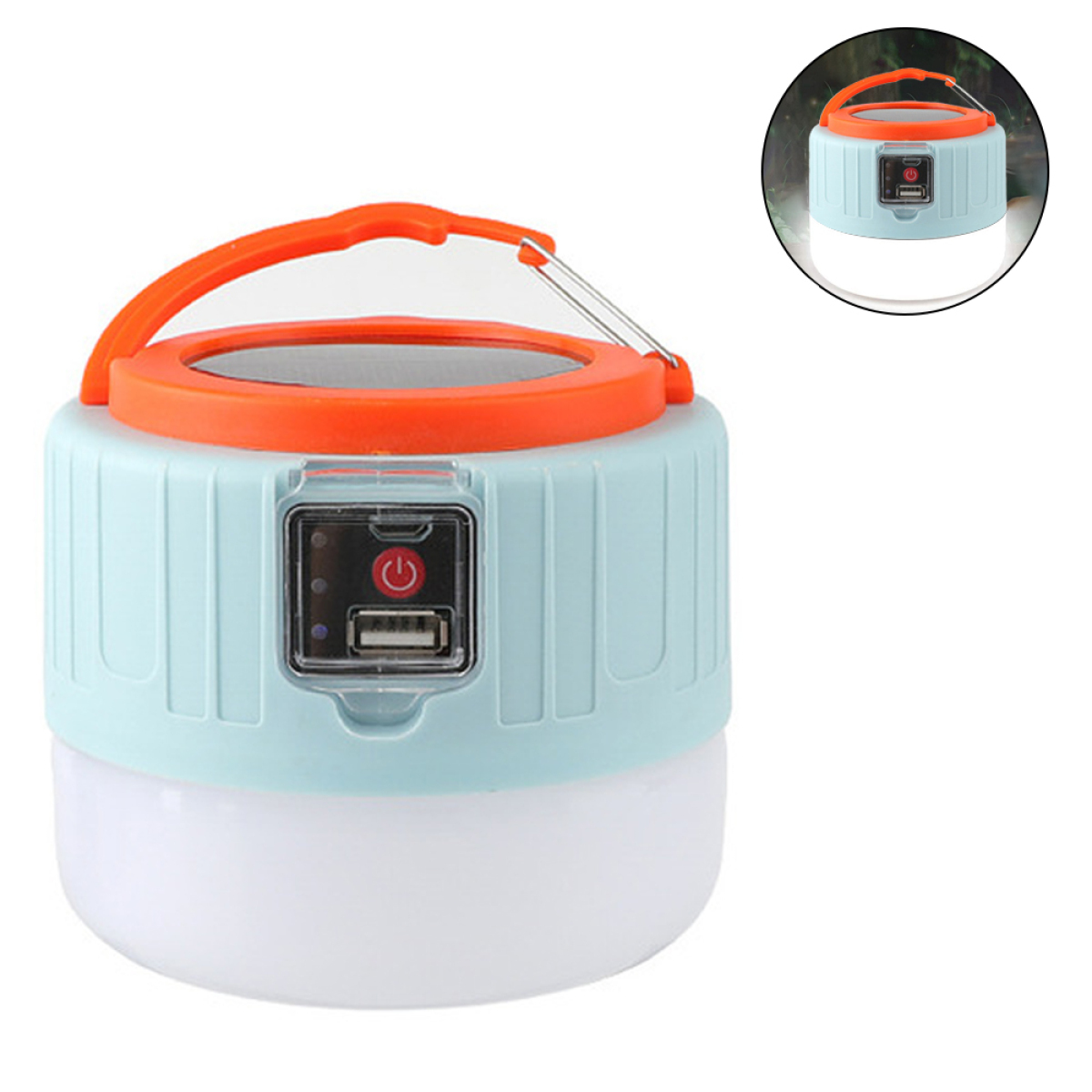 Eine blau-orangefarbene Laterne mit Griff und USB-Anschluss, mit einem kleinen inset Bild.