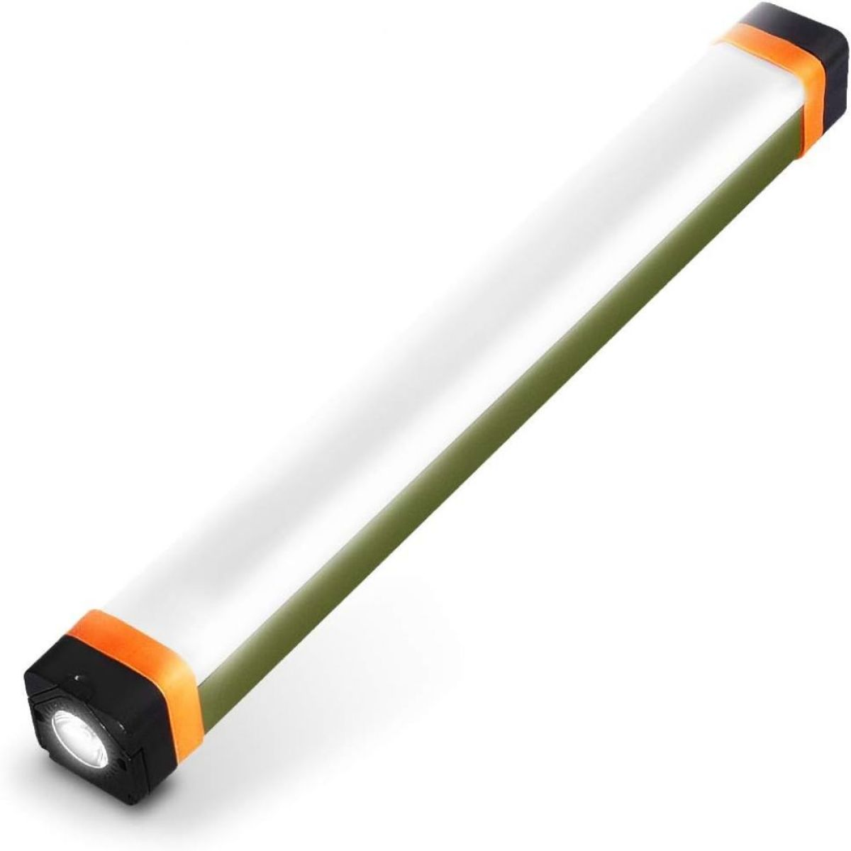 Lange, weiße LED-Lichtleiste mit schwarzen Enden und orangefarbenen Akzenten. Weißer Hintergrund.