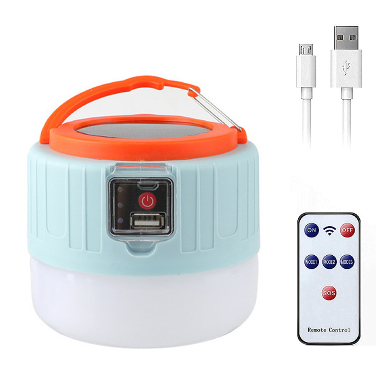 Eine kleine blau-orangefarbene Laterne mit USB-Anschluss, Ladekabel und Fernbedienung.