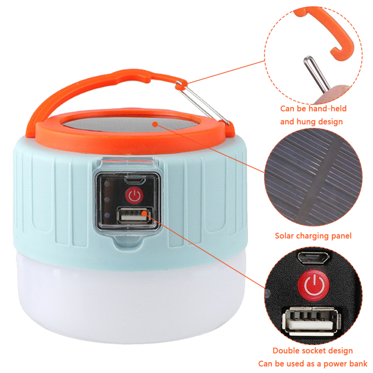 Blaue und orangefarbene Solar-Ladelaterne mit Griff und USB-Anschlüssen. Das Design ist für Powerbank.