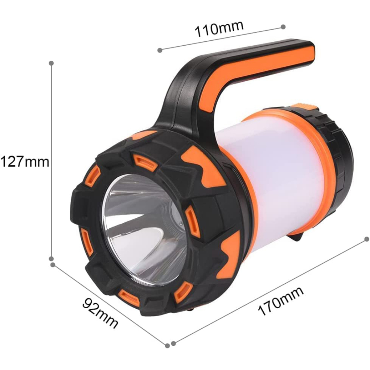 Schwarz-orange Taschenlampe mit Maßen, weißer Hintergrund. Mit Griff.