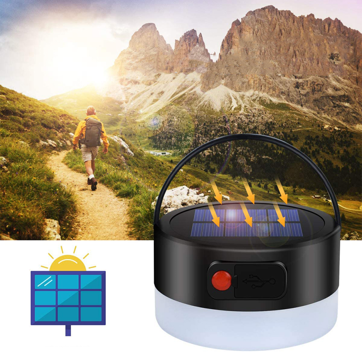 Person wandert auf einem Pfad. Eine Solarleuchte ist rechts, Berge im Hintergrund.