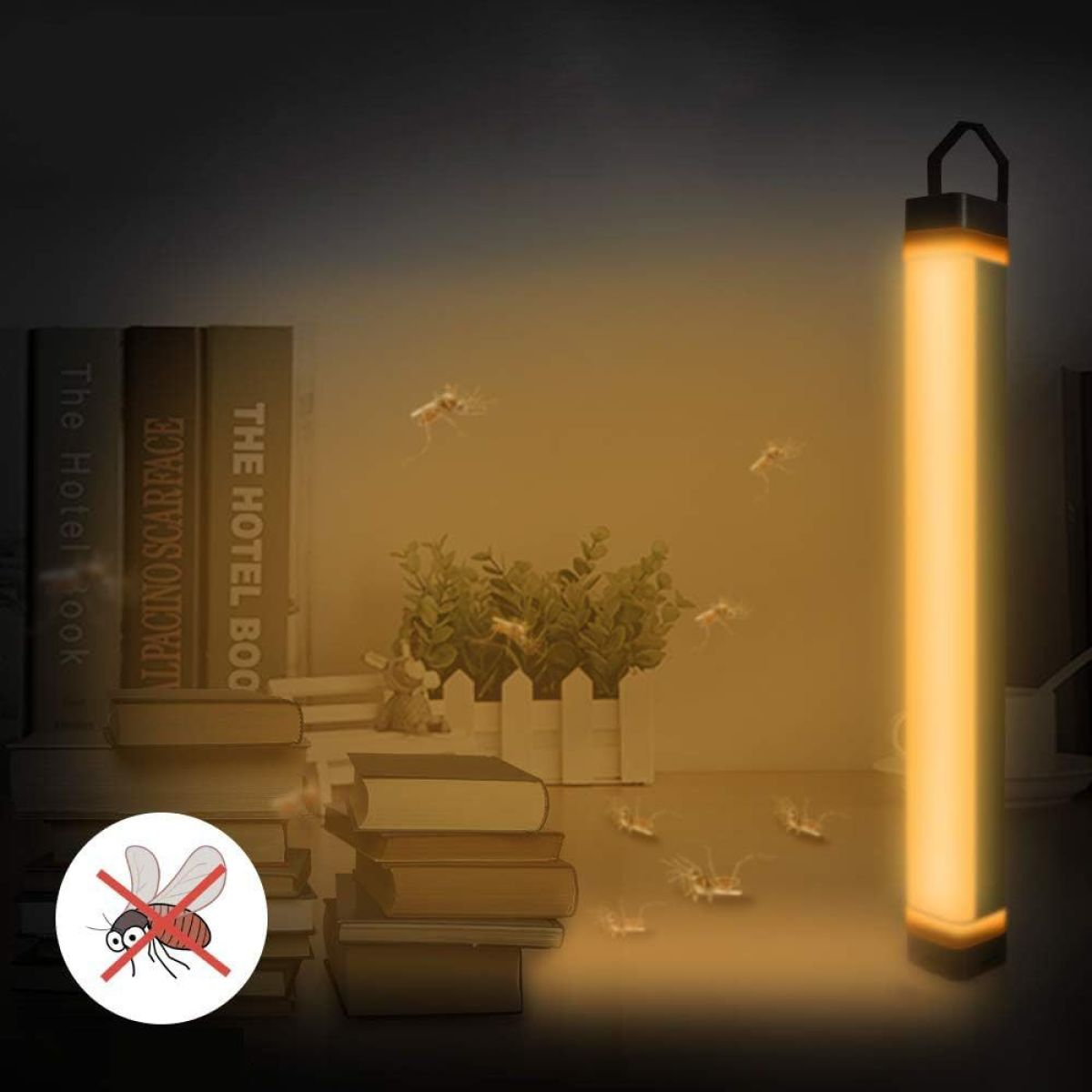 Leuchtendes Licht, das von einer hohen, zylindrischen Lampe und Büchern ausgeht.