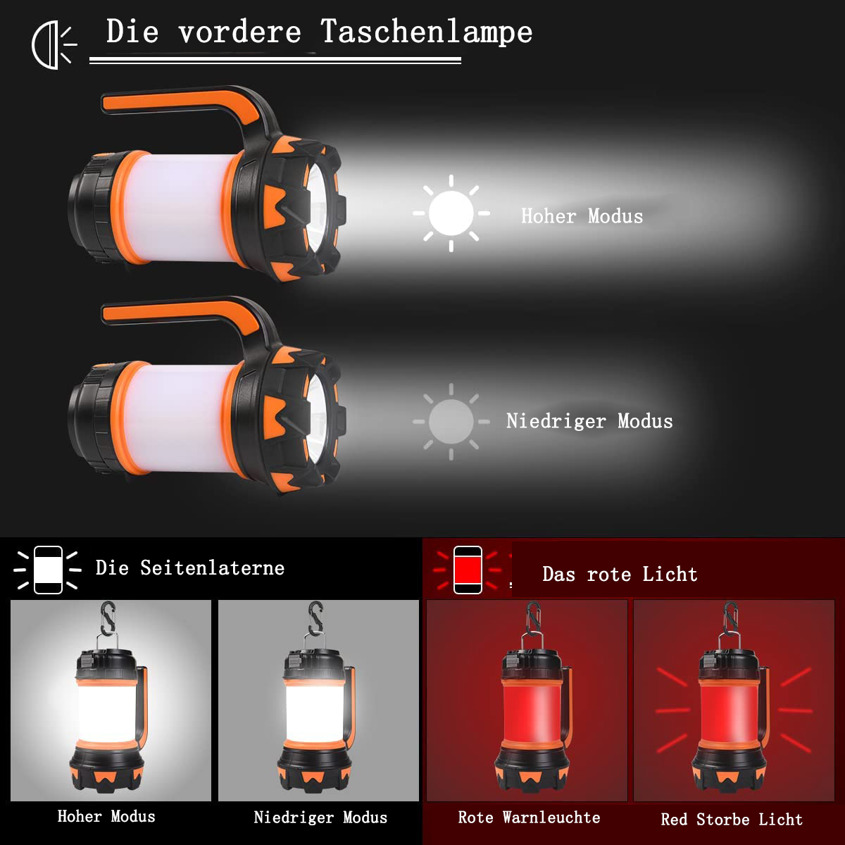 Zwei Taschenlampen mit verschiedenen Lichtmodi. Schwarz-oranges Design. Weißer Hintergrund.