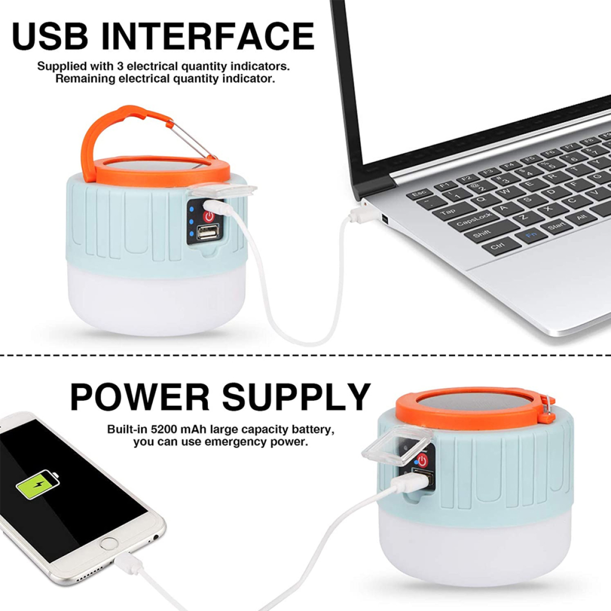 Eine Campinglampe, die mit einem USB-Kabel an einen Laptop angeschlossen ist, und ein Smartphone, das von einer Lampe geladen wird.
