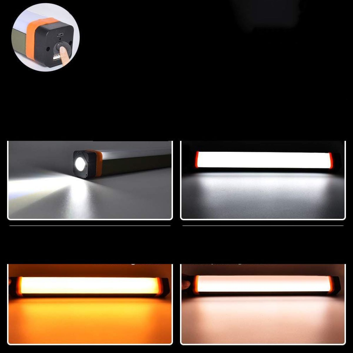 Vier Bilder, die ein rechteckiges LED-Licht mit verschiedenen Lichtmodi und einem USB-Anschluss zeigen.