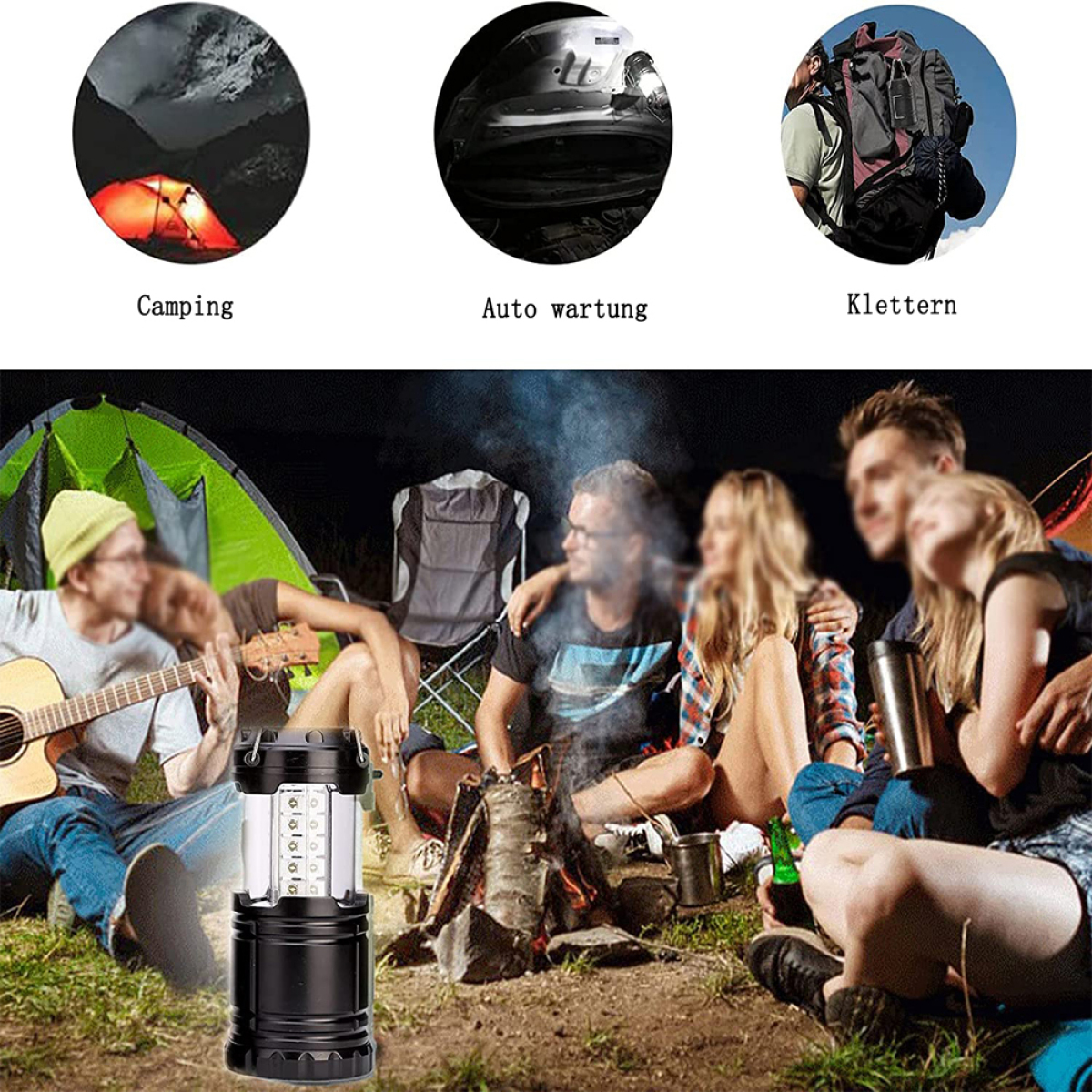 Eine Camping-Szene mit Laterne, Lagerfeuer und Personen. Drei kleine Bilder zeigen Camping, Autoreparatur und Klettern.