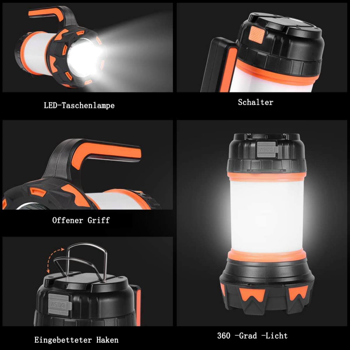 Ein Mehransichtsbild einer schwarzen LED-Taschenlampe. Sie hat einen offenen Griff, 360-Grad-Licht und einen Haken.