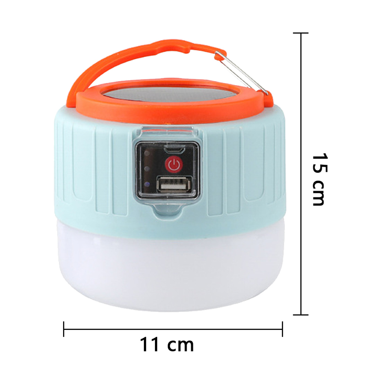 Eine zylindrische blau-weiße Laterne mit orangefarbenem Griff und Abmessungen.