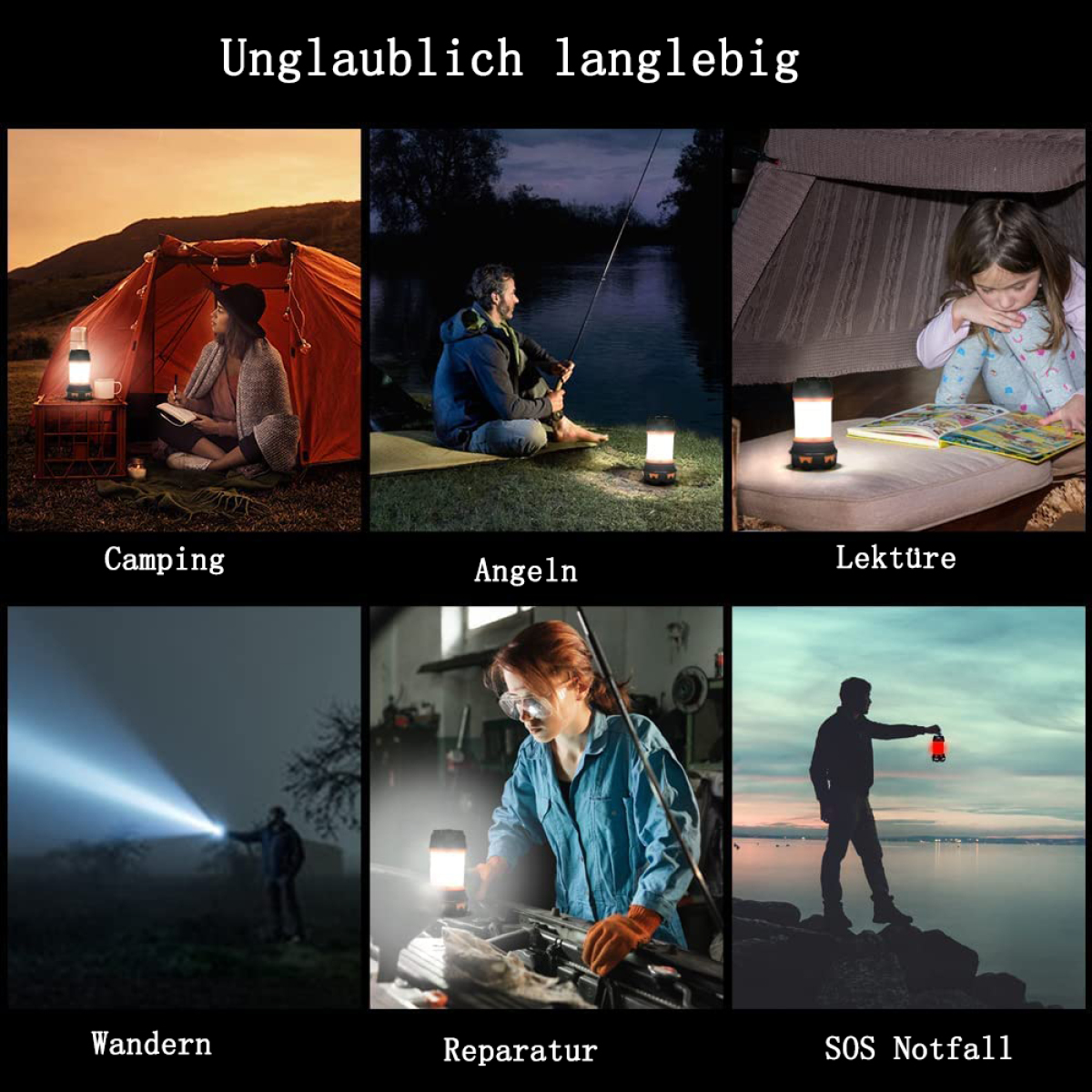 Collage von sechs Bildern, die Camping, Angeln, Lesen, Wandern, Reparatur und SOS-Situationen mit Laternen zeigen.