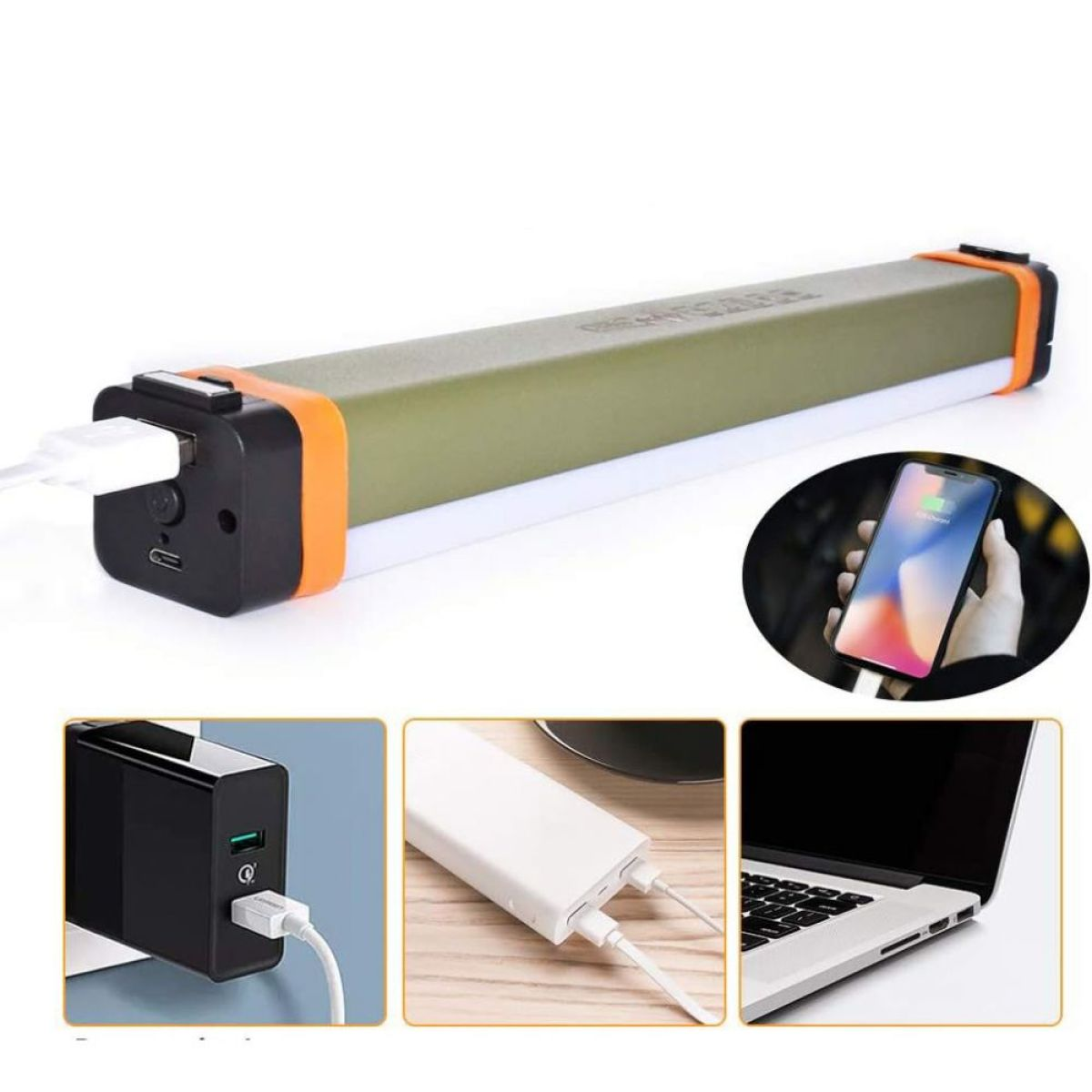 Grüne und orangefarbene tragbare Lampe, die ein Telefon und andere Geräte auflädt.