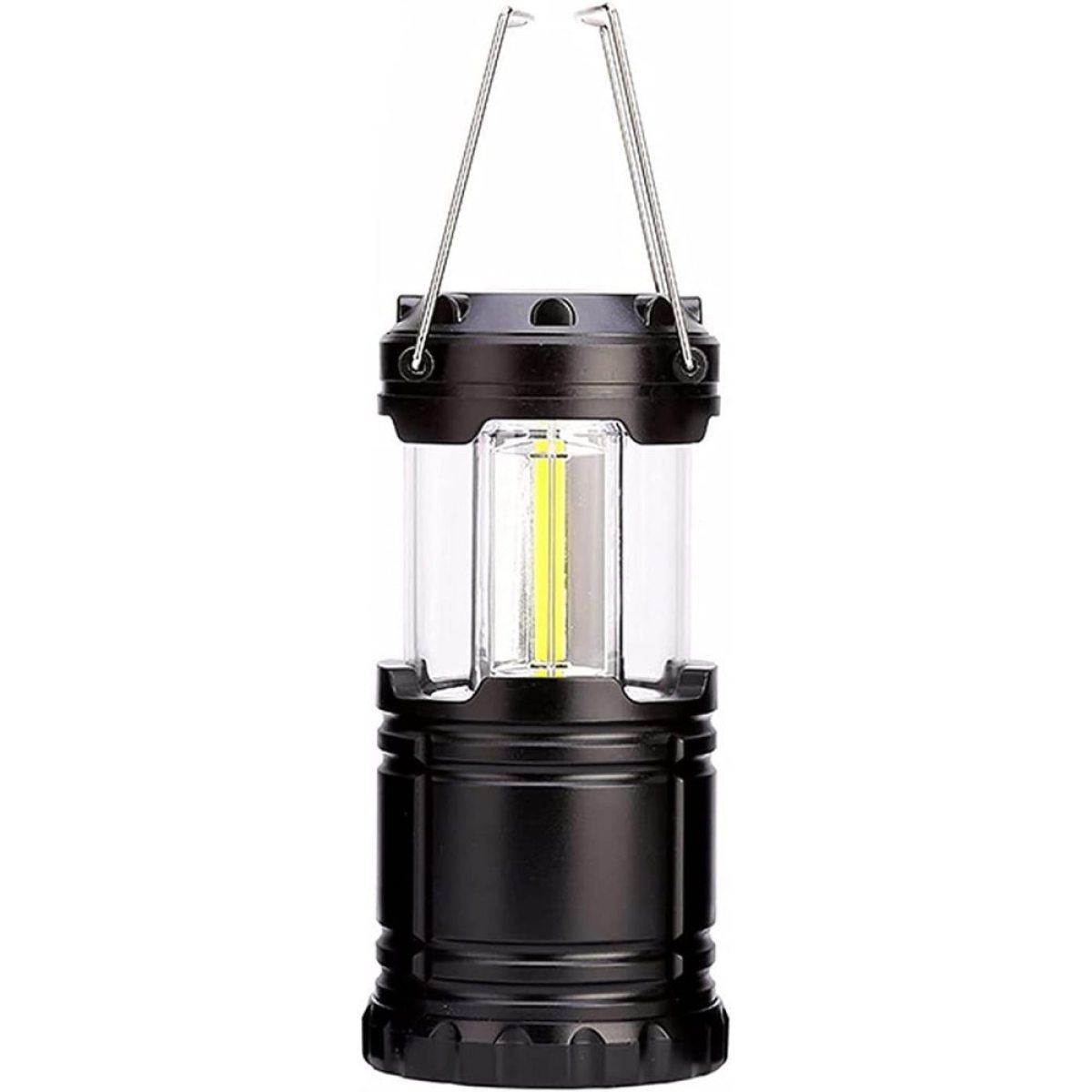 Eine schwarze, zusammenklappbare Campinglaterne mit klarem, zylindrischem Licht.