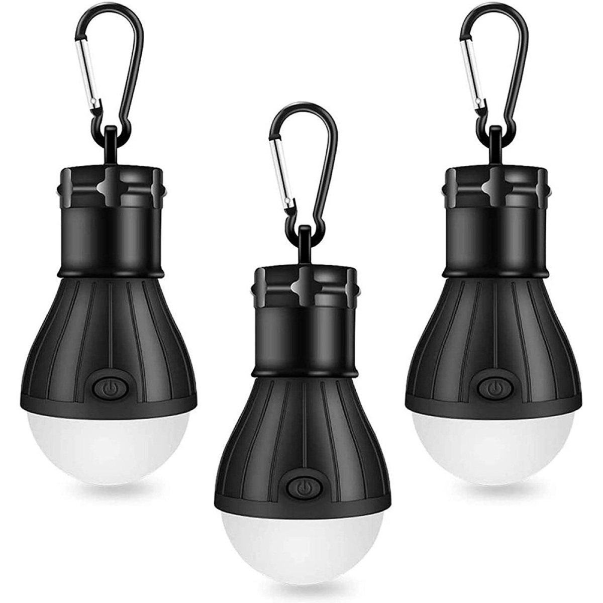 Drei schwarze LED-Campinglichter mit Karabinerhaken. Sie sind eiförmig mit einem weißen Boden.