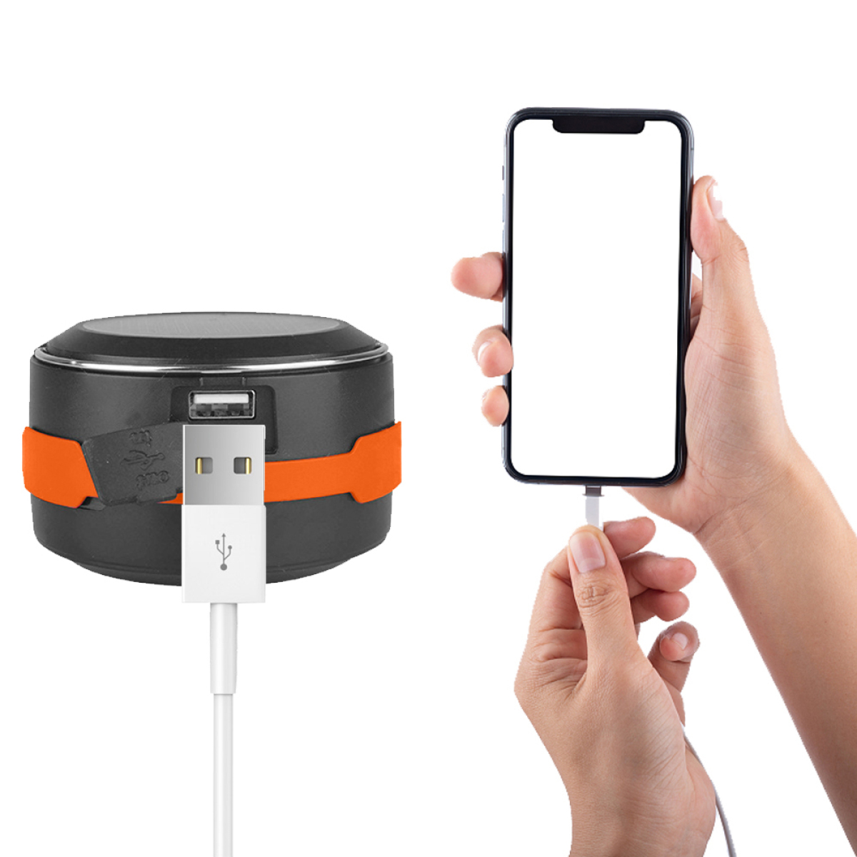 Schwarz-orangefarbene tragbare Lampe mit einem Telefon, das über ein weißes Kabel aufgeladen wird.
