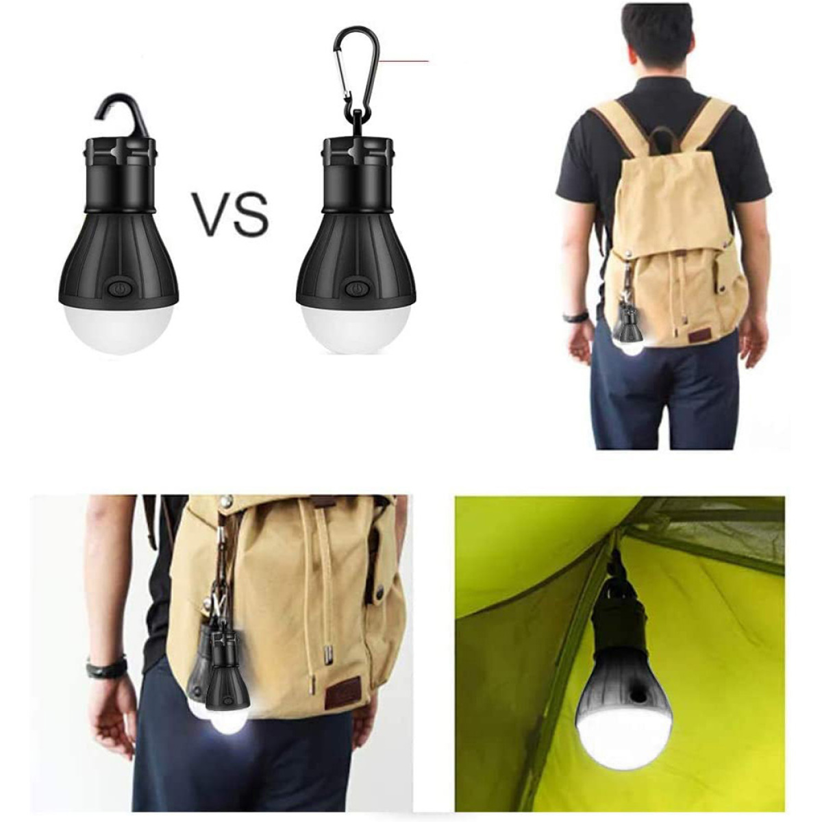 Vergleich von zwei Laternen: eine mit Haken, die andere mit Karabiner.