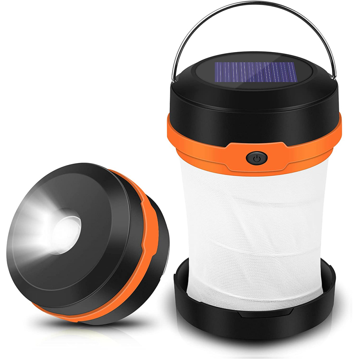 Zwei Campinglaternen, eine beleuchtet, mit schwarzem und orangefarbenem Gehäuse und Solarpanel.