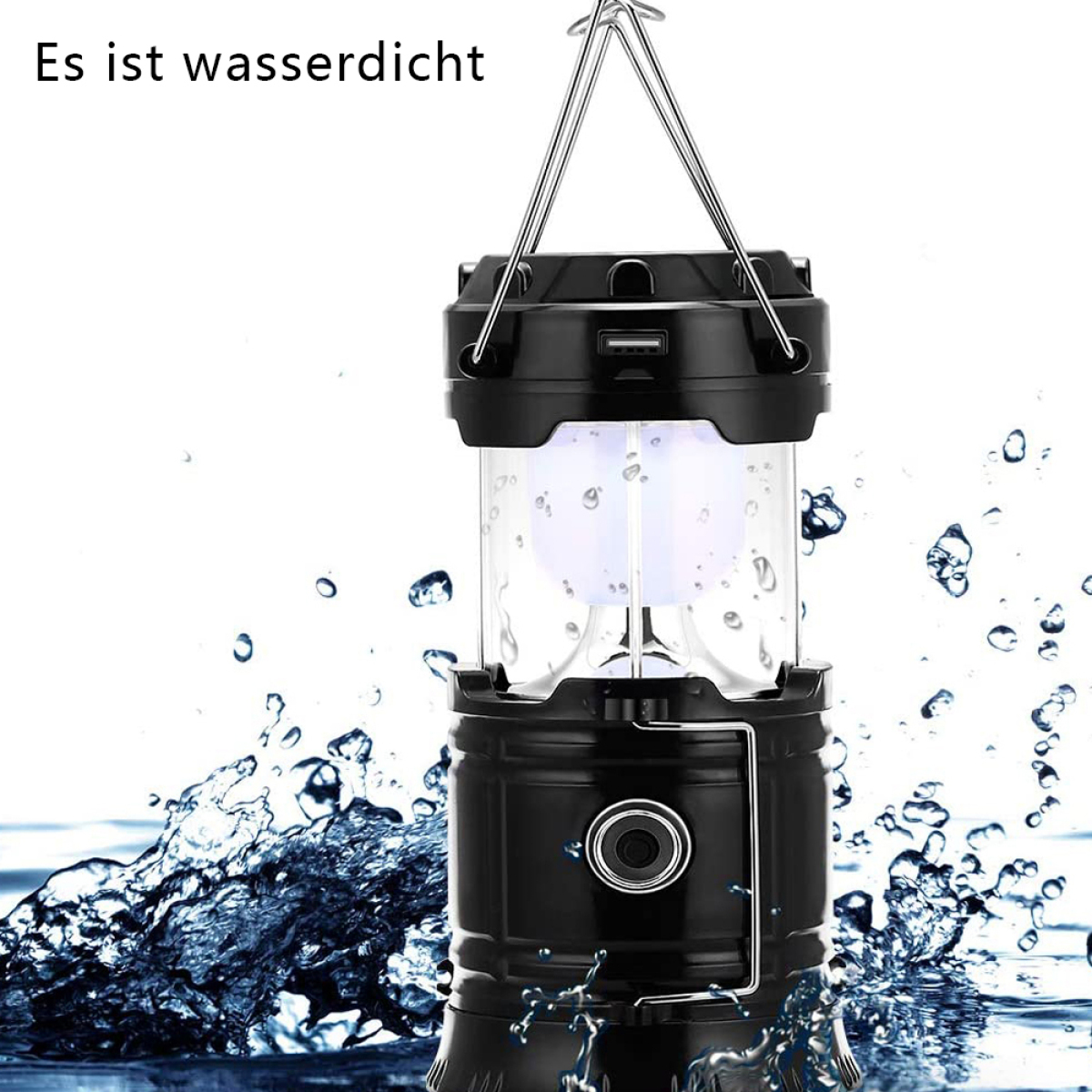 Eine schwarze, wasserdichte Taschenlampe mit Wasser, das um sie herum spritzt, um ihre Widerstandsfähigkeit zu zeigen.