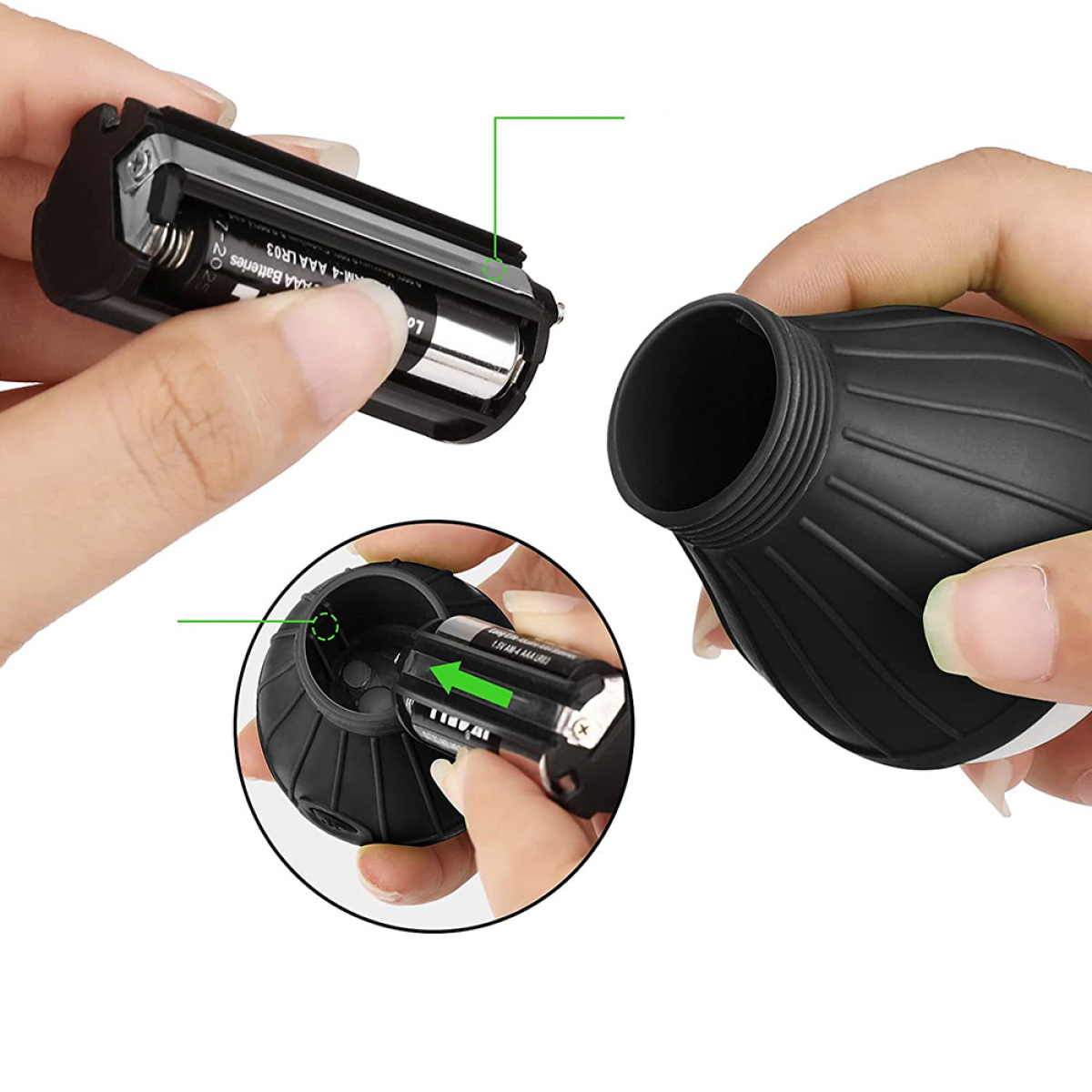 Hände legen eine Batterie in ein schwarzes Gerät ein. Andere Batterien und Geräteteile sind gezeigt.