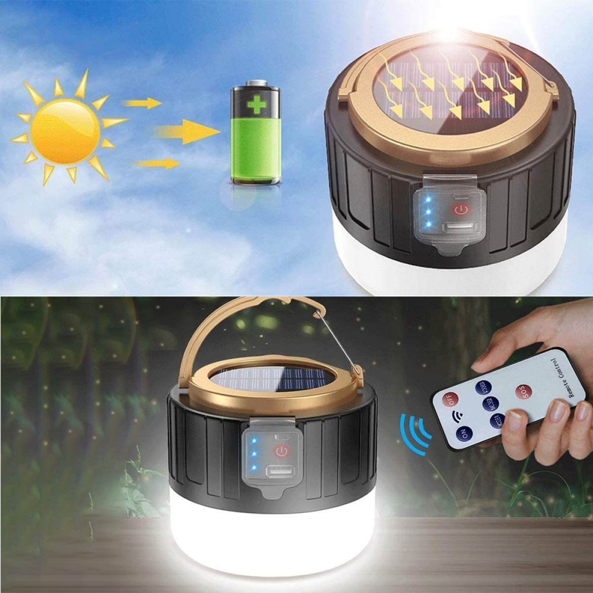 Eine solarbetriebene Laterne mit Griff. Eine Fernbedienung und eine Batterie sind ebenfalls abgebildet.