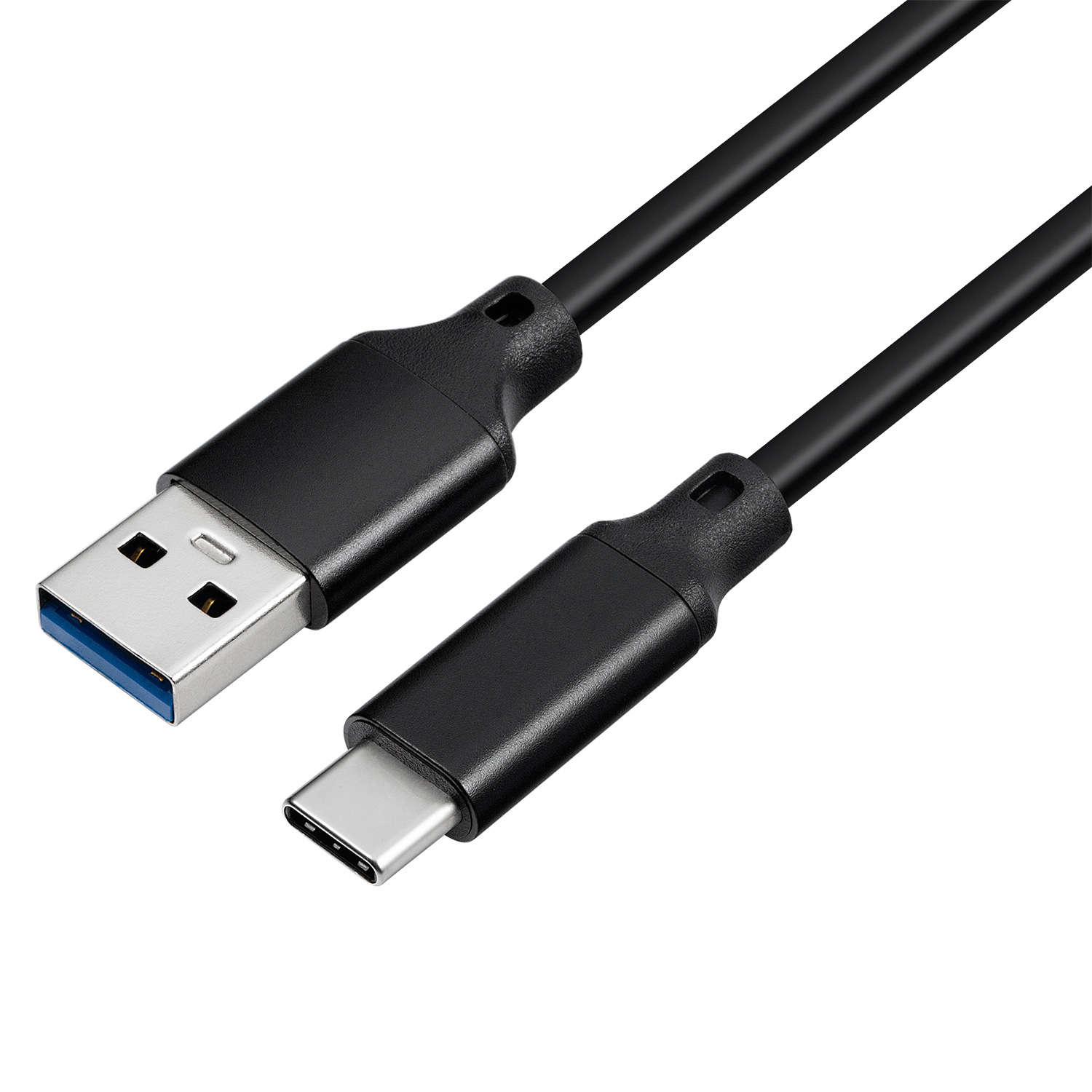 Schwarzes USB-zu-USB-C-Kabel. Das USB-Ende ist blau. Das Kabel liegt auf einer weißen Oberfläche.