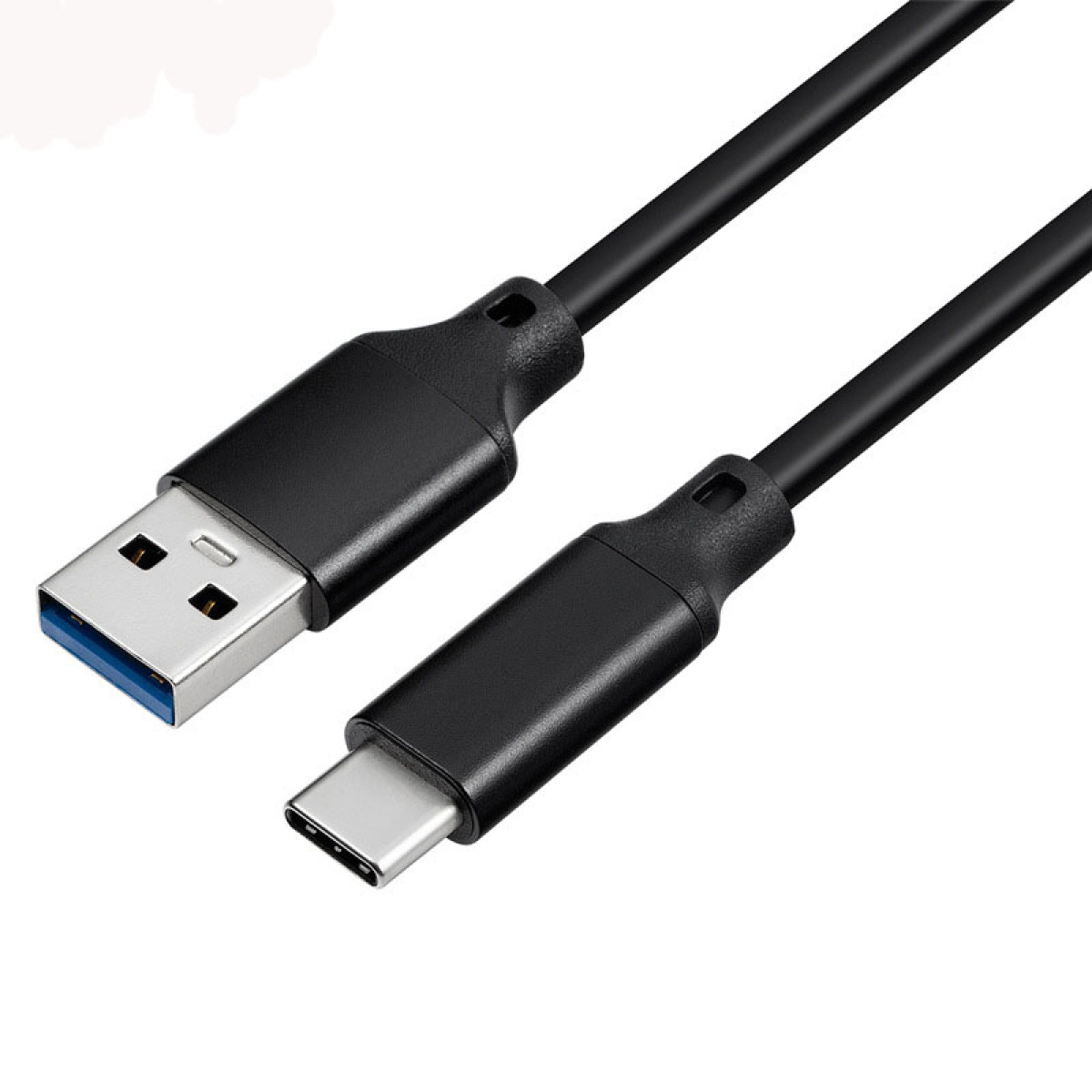 Schwarzes USB-zu-USB-C-Kabel auf weißem Untergrund, mit blauem Akzent.