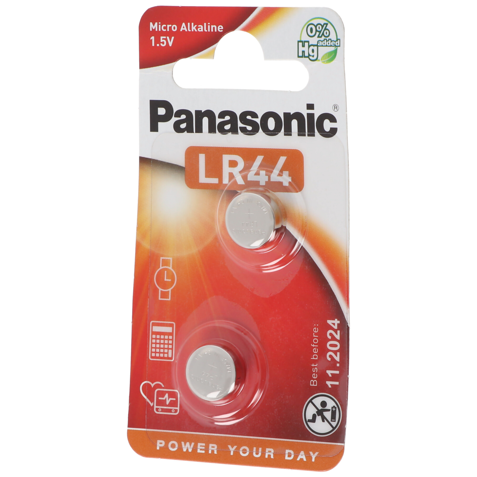 Opakowanie baterii Panasonic LR44. Zawiera baterię i szczegóły.