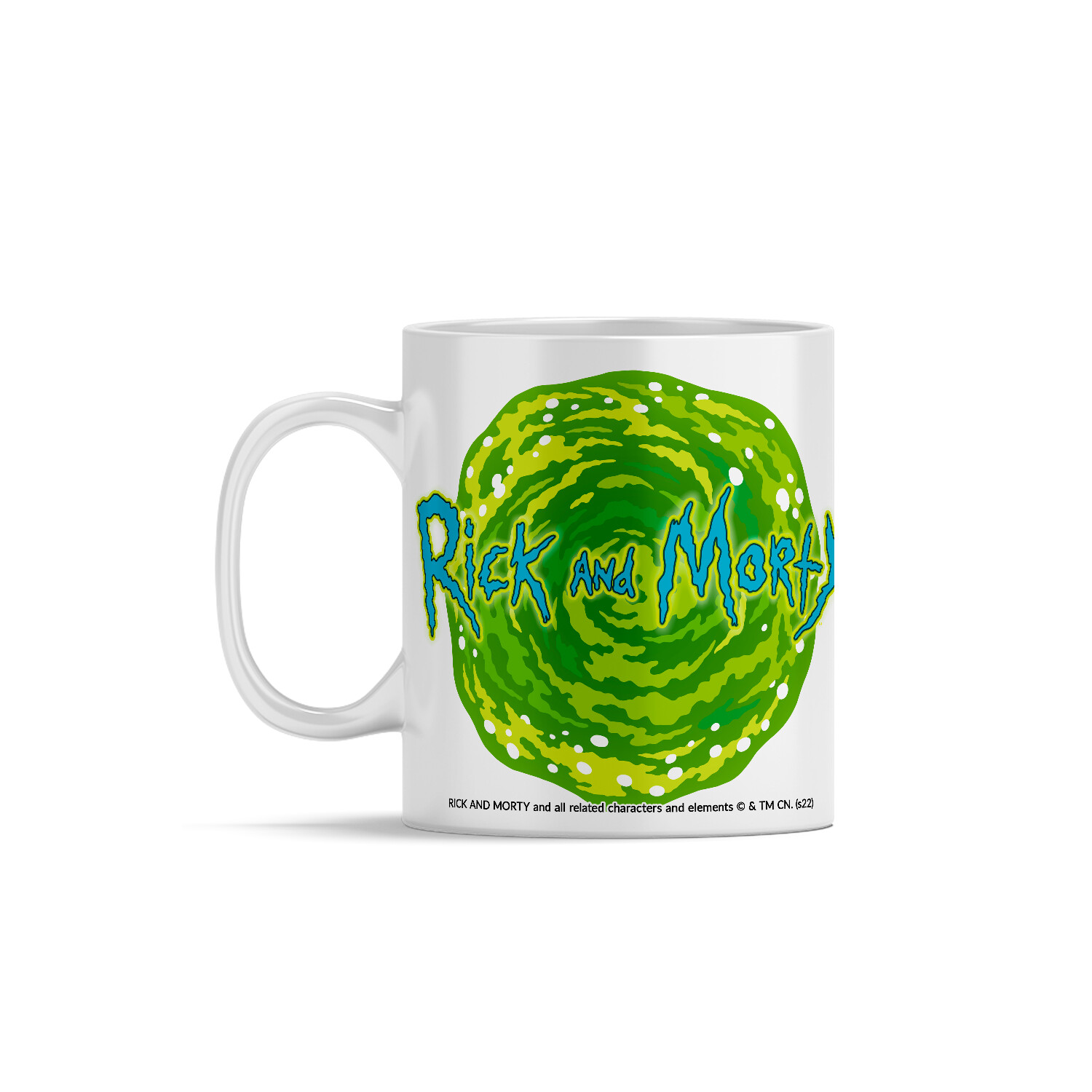 Weiße Tasse mit dem Rick and Morty Logo, einem grünen Portal und Text.