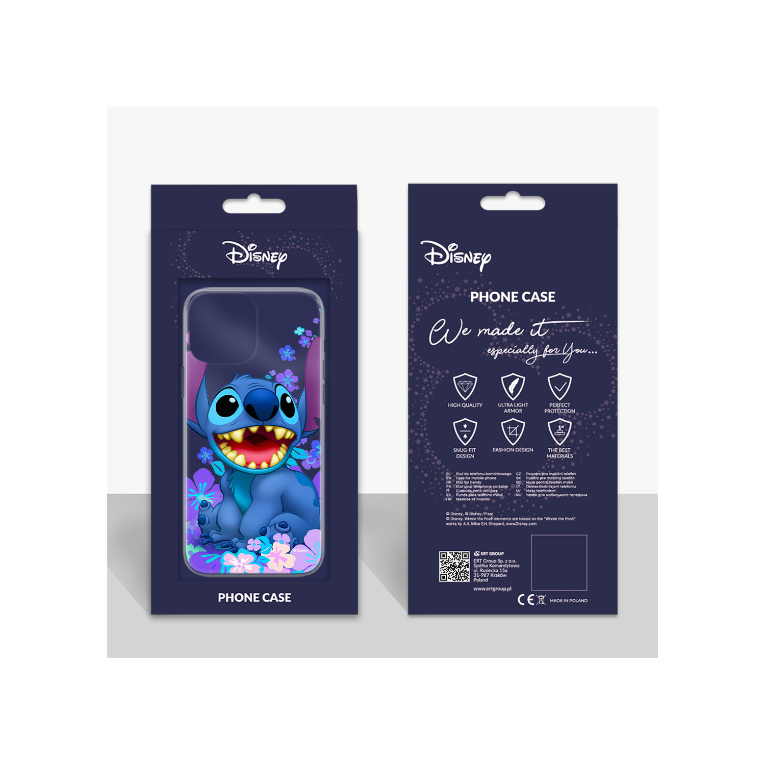 Custodia per telefono con design Stitch. Custodia blu scuro con confezione dietro.