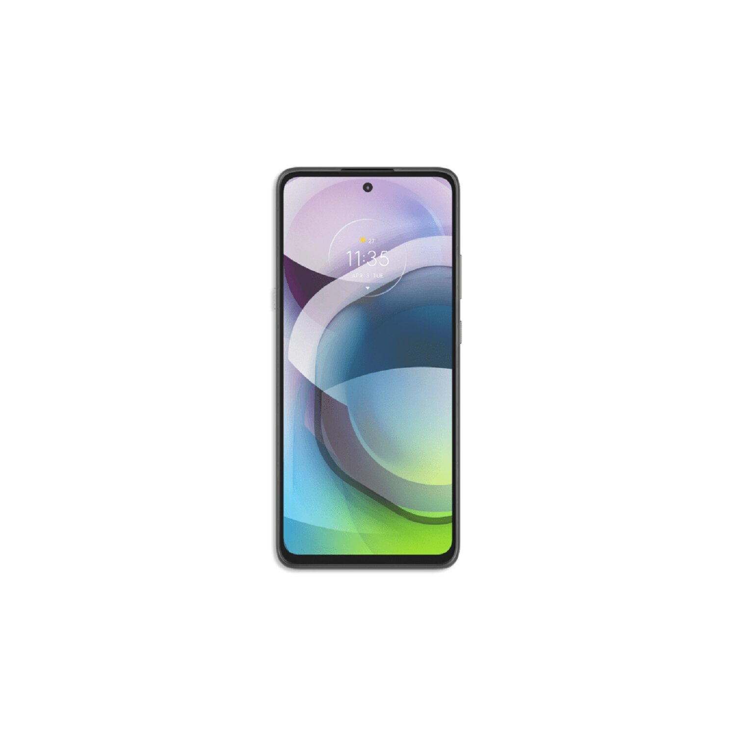 Smartphone nero con schermo che mostra uno sfondo astratto colorato, isolato su bianco.